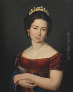 Portrait Of Marie Luise Victoire Prinzessin Von Sachsen-coburg-saalfeld, Later Of Leiningen And Then Duchess Of Kent In A Red Dress With A Blue Shawl, With A Pearl Necklace And A Tiara