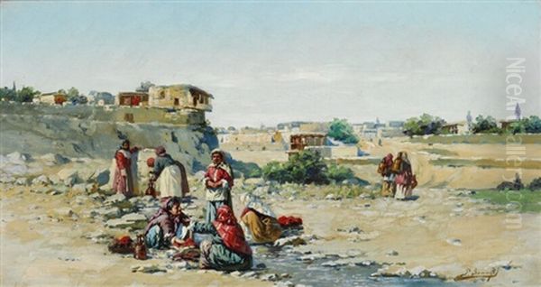 Caucasian Landscape With Russian Women Fetching Water At A Stream - view 1