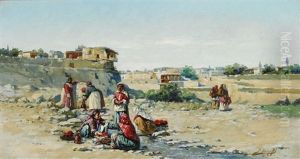 Caucasian Landscape With Russian Women Fetching Water At A Stream by Richard Karlovich Zommer