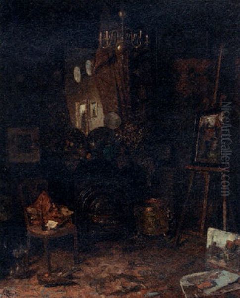 An Interior With A Mirror Above A Fireplace And Paintings Displayed Throughout The Room - view 1