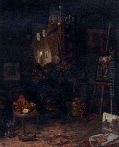 An Interior With A Mirror Above A Fireplace And Paintings Displayed Throughout The Room