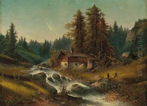 Bauernhaus In Wald Mit Wildbach Und Personenstaffage Bauernhaus In Wald Mit Wildbach Und Personenstaffage