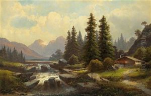 Gebirgslandschaft Mit Haus Am Flus Gebirgslandschaft Mit Haus Am Flus