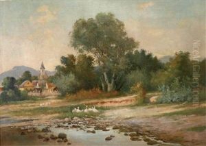 Landscape With Ducks By A Stream, Distant Mountain Village