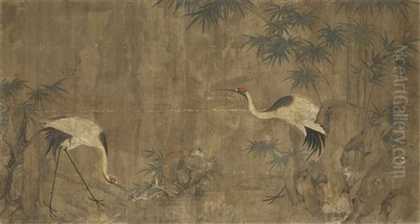 Cranes, Bamboo And Lingzhi Fungus By Rocks - view 1
