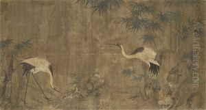 Cranes, Bamboo And Lingzhi Fungus By Rocks by Zou Yigui