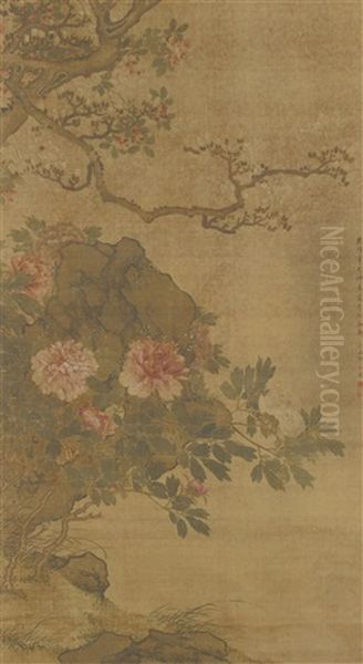 Paonien, Kirschbluten Und Magnolien An Einem Felsen - view 1