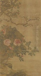 Paonien, Kirschbluten Und Magnolien An Einem Felsen