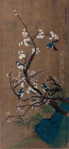 Grande Peinture Sur Textile Representant Quatre Oiseaux Sur Une Branche D'arbre Fruitier En Fleurs, Rocher Et Vegetations En Partie Basse by Zou Yigui