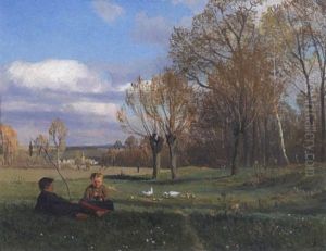 Zwei Kinder Beim Gansehuten by Emil Zschimmer