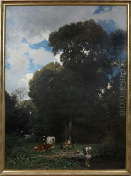 Paysage Avec Une Lavandiere Vaches - view 1