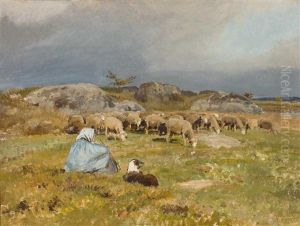 Weidelandschaft Mit Schafen, Schaferin Und Hund