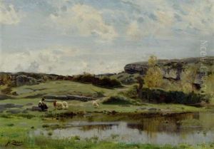 Schafe Mit Hirte In Einer Weiten Moorlandschaft