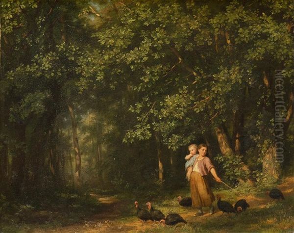 Madchen In Waldlichtung, Eine Schar Truthuhner Vor Sich Her Treibend - view 1