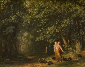 Madchen In Waldlichtung, Eine Schar Truthuhner Vor Sich Her Treibend by Fritz Zuber-Buehler