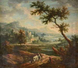 Paysage De La Campagne Italienne Traverse Par Une Riviere Avec Villageoise Et Ses Animaux En Chemin