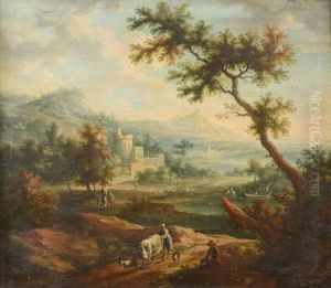 Paysage De La Campagne Italienne Travserse Par Une Riviere Avec Villageoise Et Ses Animaux En Chemin