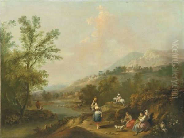An Extensive Italianate River Landscape With Washerwomen On A Path - view 1