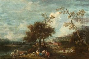 A River Landscape With Figures Resting Beneath A Tree by Francesco Zuccarelli