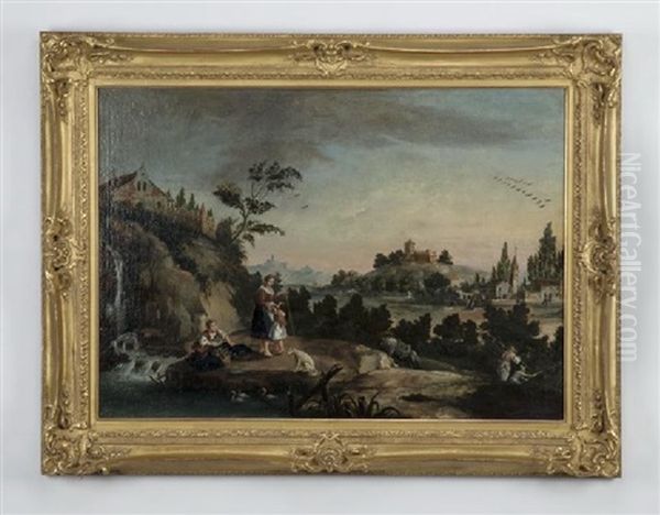 A Pastoral Scene At Dusk Of A Peasant Woman And Her Children Beside A Waterfall - view 1