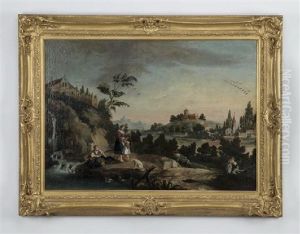 A Pastoral Scene At Dusk Of A Peasant Woman And Her Children Beside A Waterfall by Francesco Zuccarelli