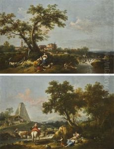 Landscape With A River, A Shepherd, Washerwomen And A Fisherman On The Bank, A Town Beyond Landscape With A Pyramid Beside A River And A Bridge, With A Drover, And A Lady On Horseback Passing A Family On The Bank