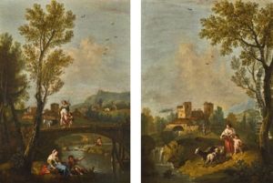 A Wooded River Landscape With A Bridge Over A Stream With A Woman And Child Fishing On The Bank; A Landscape With A Woman And Child Herding Goats Down To A Stream, A Waterfall And Village In The Distance by Francesco Zuccarelli