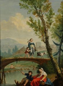 A Woman, Child And Goat Crossing A Bridge, With Figures Fishing Below