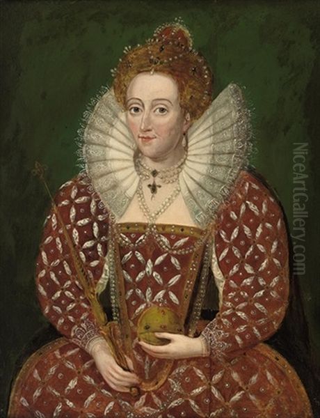 Portrait Of Queen Elizabeth I In An Embroidered And Bejeweled Red Dress - view 1