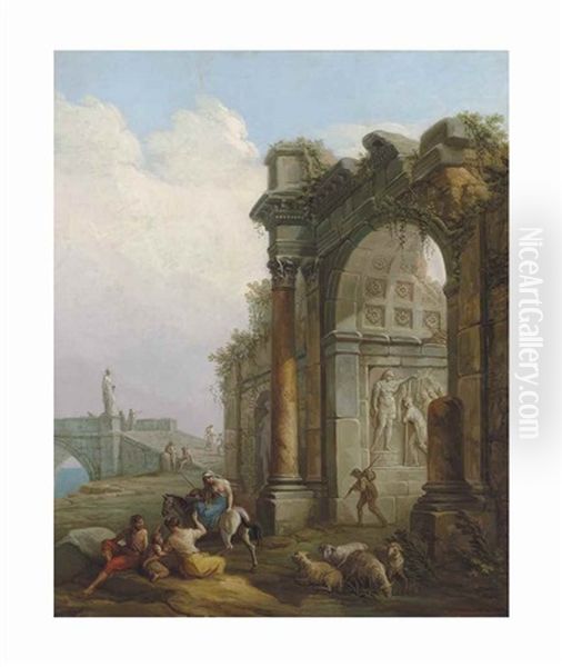 A Ruined Triumphal Arch With Figures Conversing On Path, A Bridge Beyond - view 1