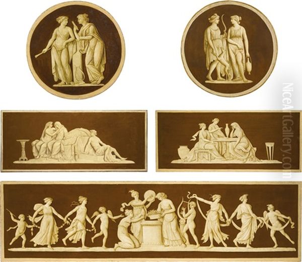 A Set Of Five Burgundy And Ivory Painted Overdoors And Roundels Of Neoclassical Scenes - view 1
