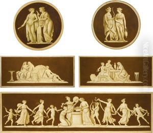 A Set Of Five Burgundy And Ivory Painted Overdoors And Roundels Of Neoclassical Scenes by Antonio Zucchi