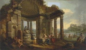 An Italian Capriccio With Figures Making A Sacrifice To Cybele In A Ruined Temple, Others Dancing On The Shore Beyond
