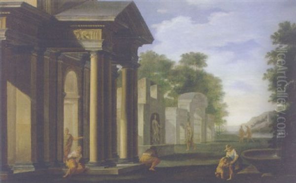 A Classical Building With Figures By A Fountain - view 1