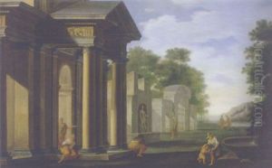 A Classical Building With Figures By A Fountain by Antonio Zucchi