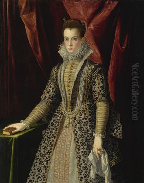 Portrait Of A Young Lady In An Embroidered Dress And Pearls, Three-quarter Length, Her Hand Resting On A Small Book On A Table - view 1