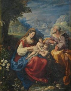 The Holy Family With The Infant Saint John The Baptist In A Carved 19th Century Florentine Frame