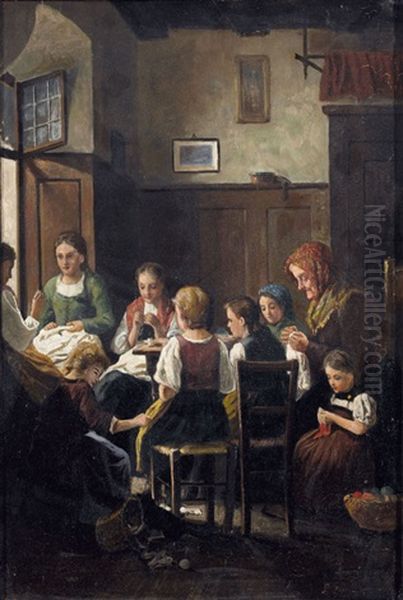 Interieur Mit Stickenden Und Strickenden Frauen Und Madchen - view 1