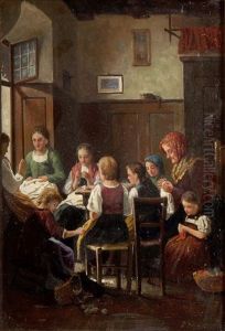 Grossmutter, Mutter Und Kinder Bei Der Handarbeit by Luigi Zuccoli