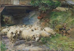 Flock Of Sheep In Front Of The Wolkenhof by Heinrich von Zuegel