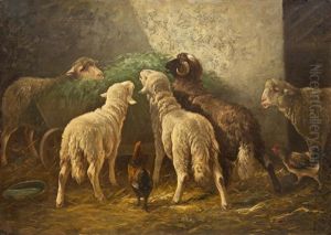 Sheep In A Barn by Heinrich von Zuegel