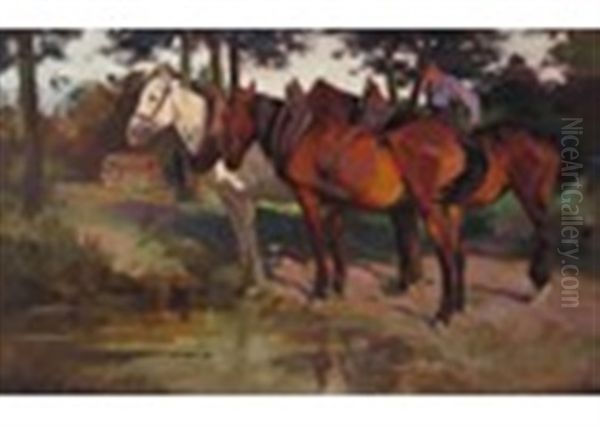 A Farmhand With Horses Watering At A Stream - view 1