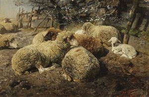 Sheep Herd Scene by Heinrich von Zuegel