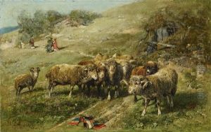 Sheep And Walkers In The Background by Heinrich von Zuegel