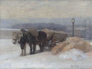 Pferdekarren In Einer Winterlichen Abendlandschaft by Heinrich von Zuegel