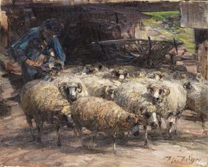Schafer Mit Herde Am Brunnen by Heinrich von Zuegel