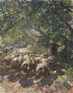 Schafherde Mit Hirtin Im Schattigen Hohlweg Schafherde Mit Hirtin Im Schattigen Hohlweg