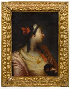 Jeune Venitienne De Trois-quarts, Les Cheveux Noues D'un Ruban Rouge, Tenant Dans Sa Main Gauche Un Masque Noir