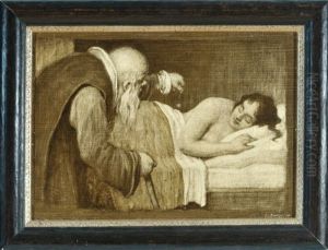 Alter, Bartiger Mann Mit Spinne Am Bett Einer Schlafenden Frau by Ludwig Von Zumbusch
