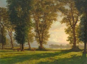A Wooded Landscape With Stag And Deer by Robert Zuend
